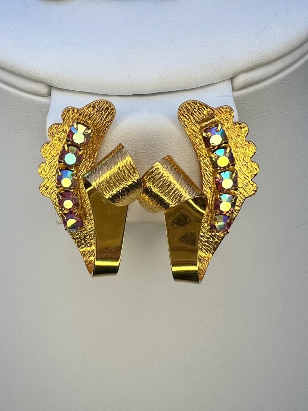 Vintage Gold Tone Rhinestone Clip On Earrings Aurora Borealis Mid Century